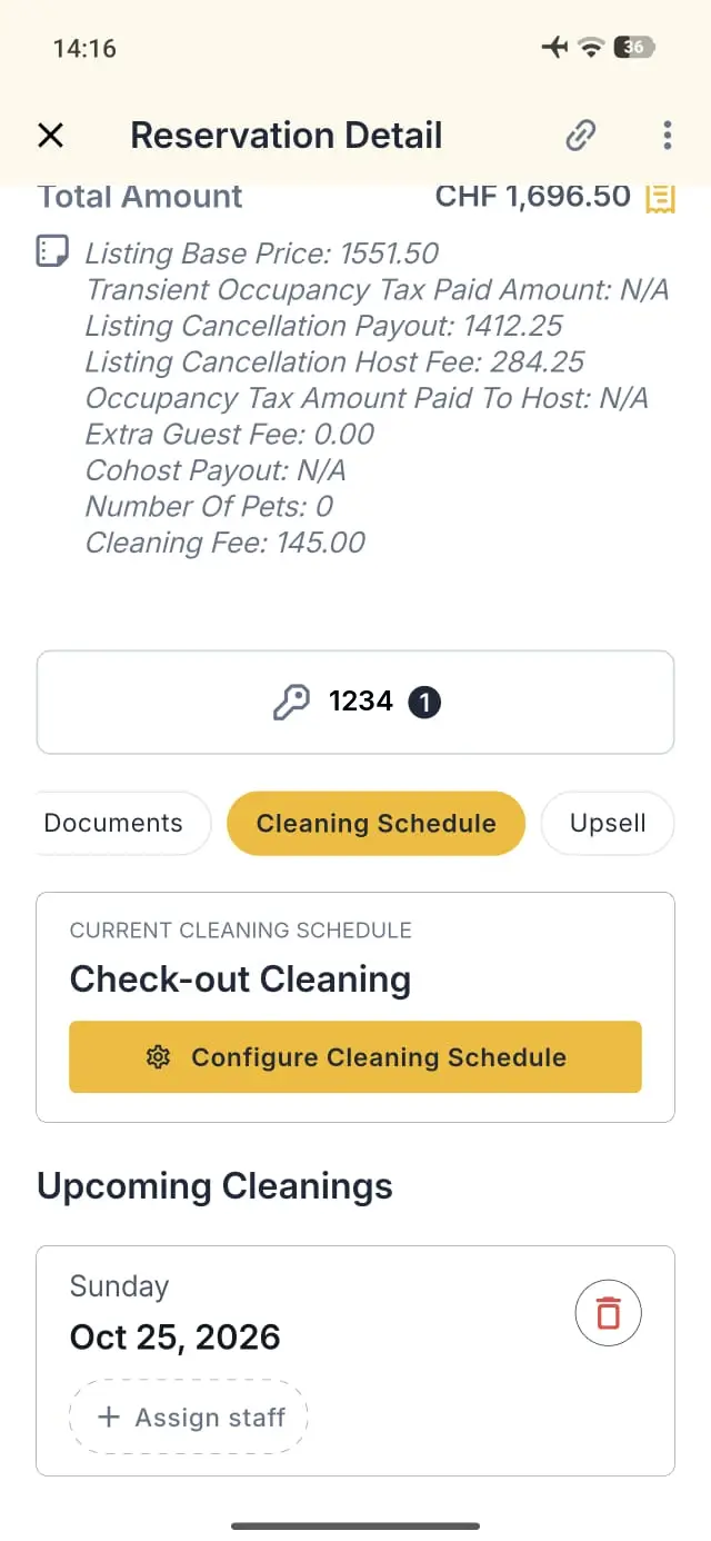Elev8 Go app Reservation Detail screen showing total amount and cleaning schedule