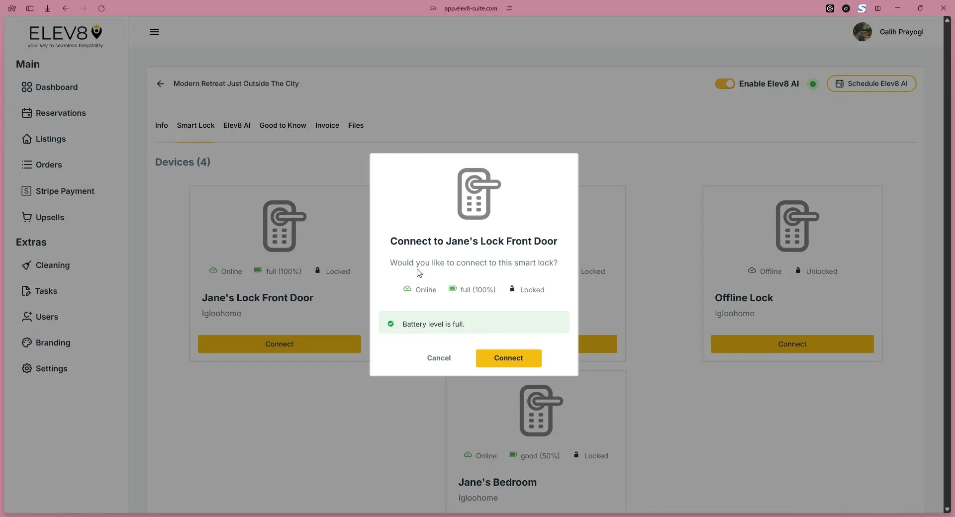 ELEV8 interface showing smart lock connection options for a listing.