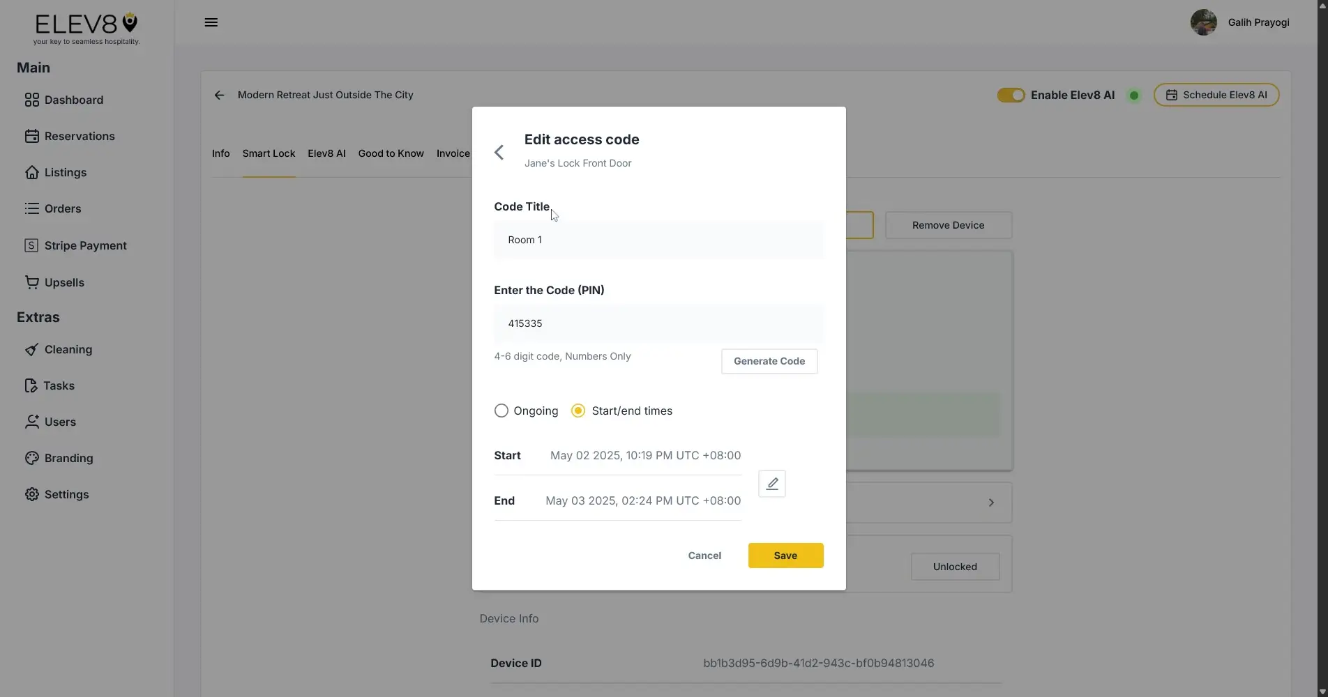 ELEV8 Edit Access Code screen for Jane's Lock Front Door
