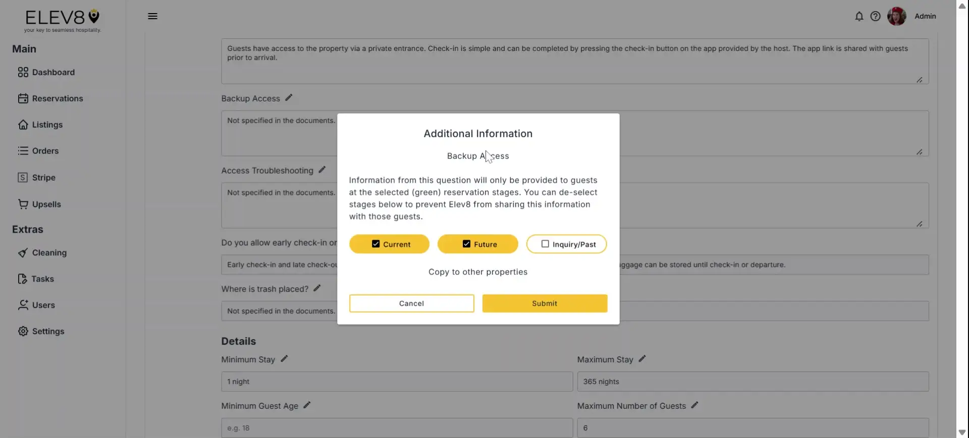 ELEV8 platform modal for Backup Access information settings.