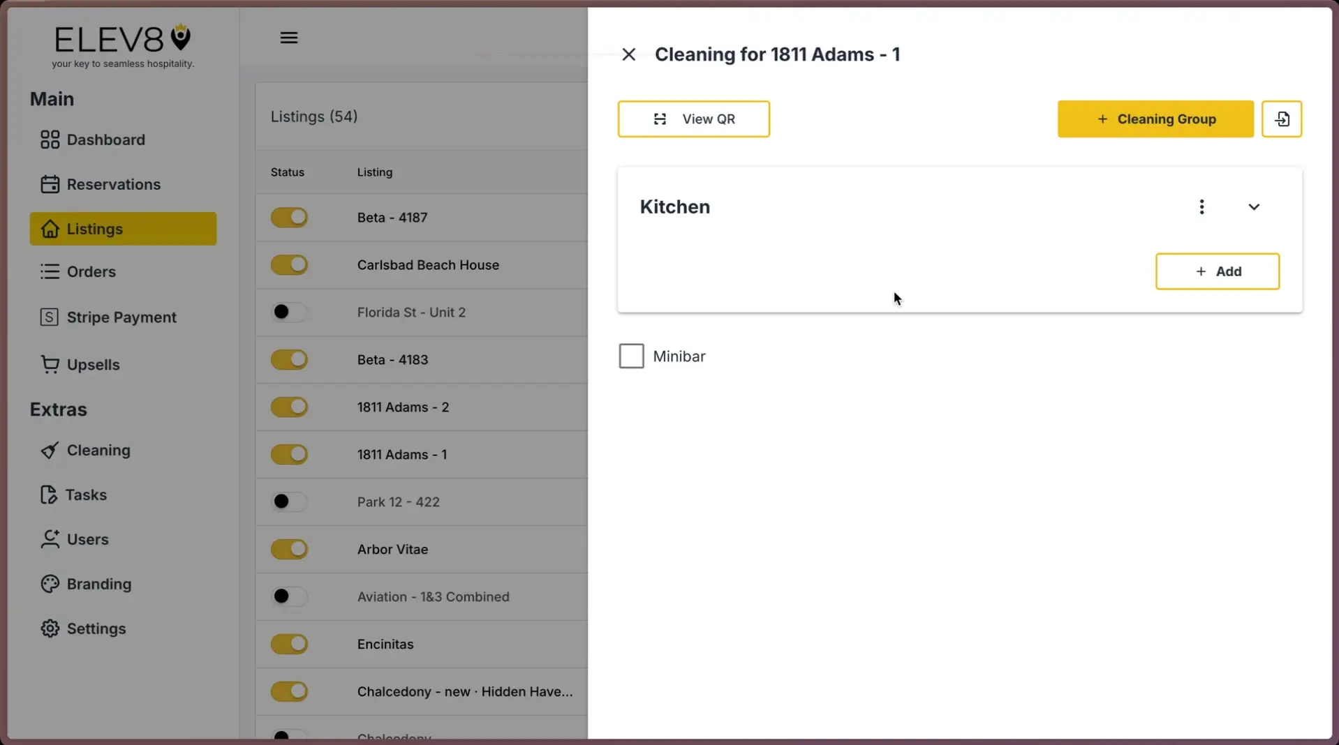 ELEV8 application interface showing cleaning management for 1811 Adams - 1.