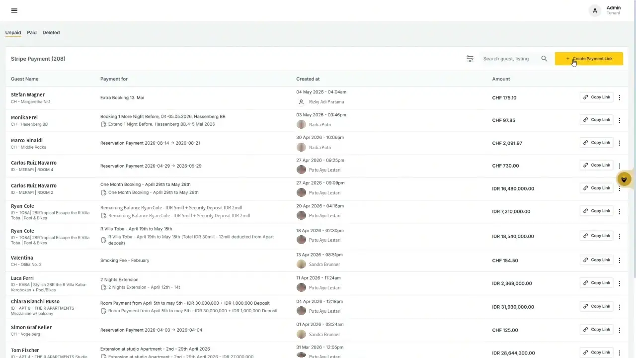 ELEV8 Payment Request Page showing unpaid Stripe payments with options to search, create payment links, and copy existing payment links.