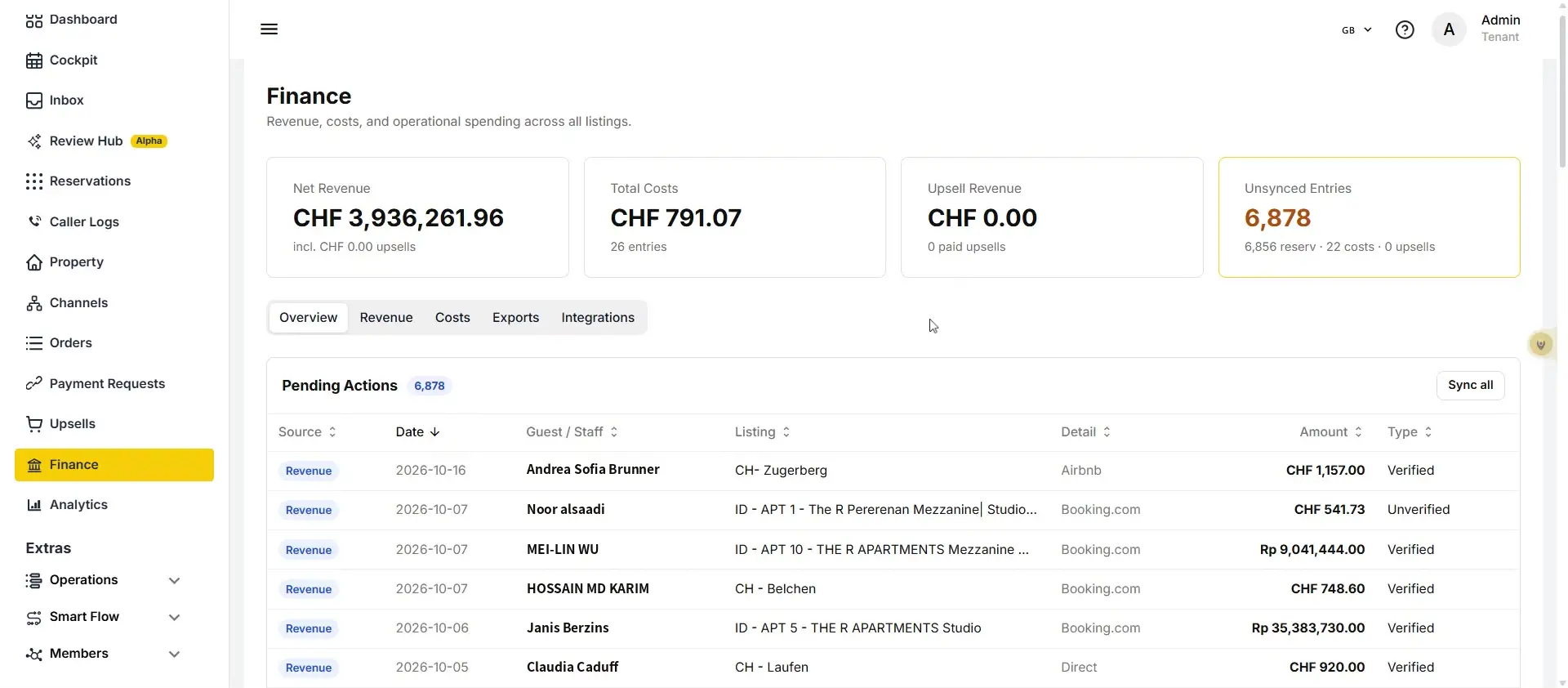 ELEV8 Finance Overview showing revenue, costs, and pending actions.