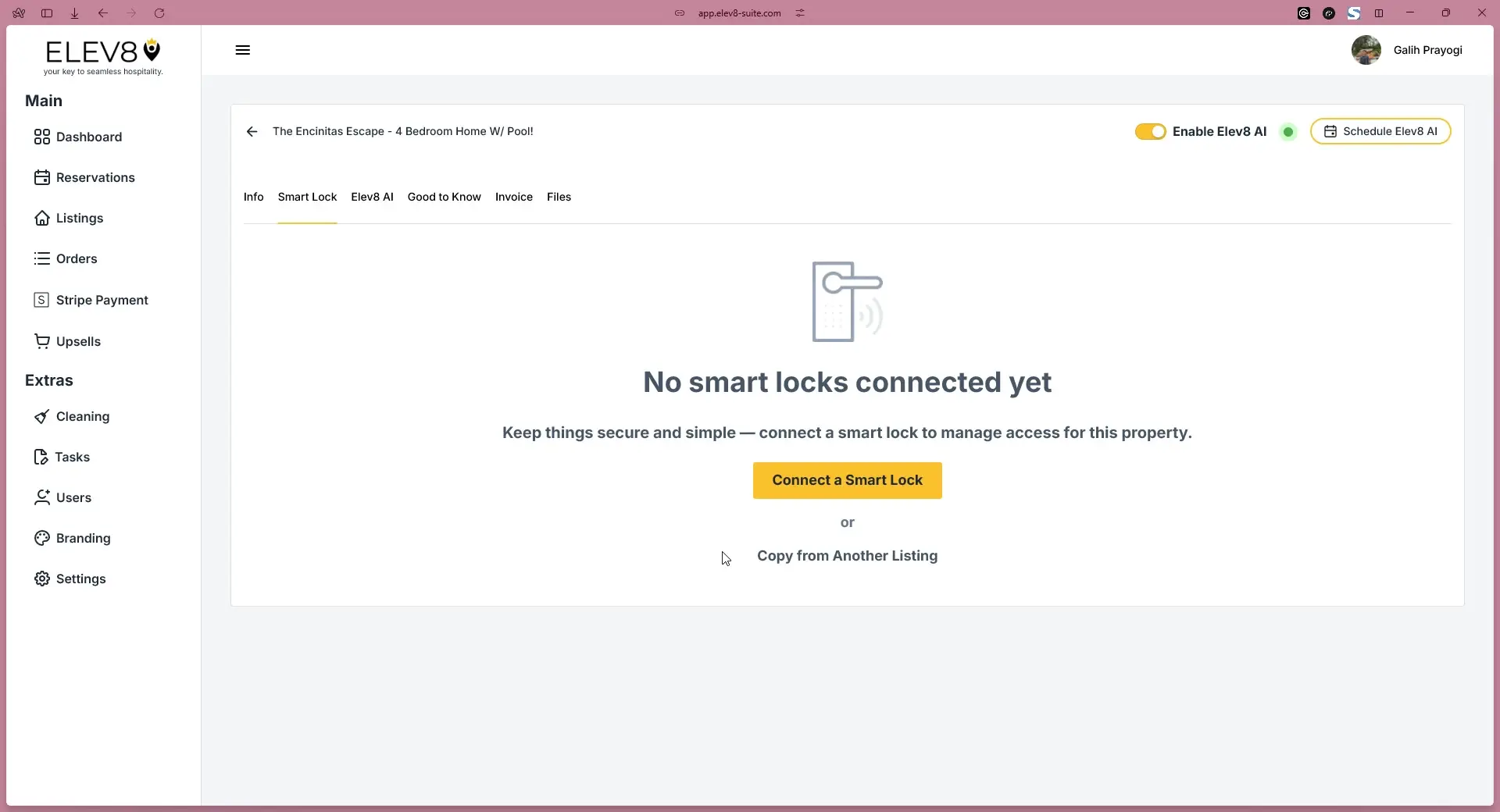 ELEV8 Listings page showing no smart locks connected for The Encinitas Escape property.