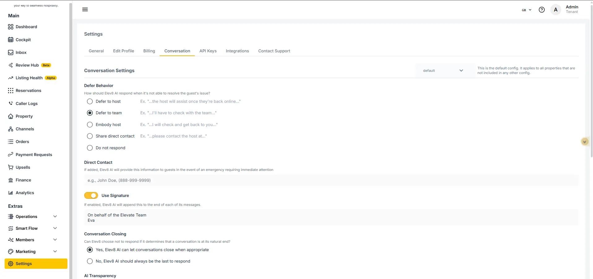 ELEV8 Settings page under Conversation tab showing AI behavior configuration options.
