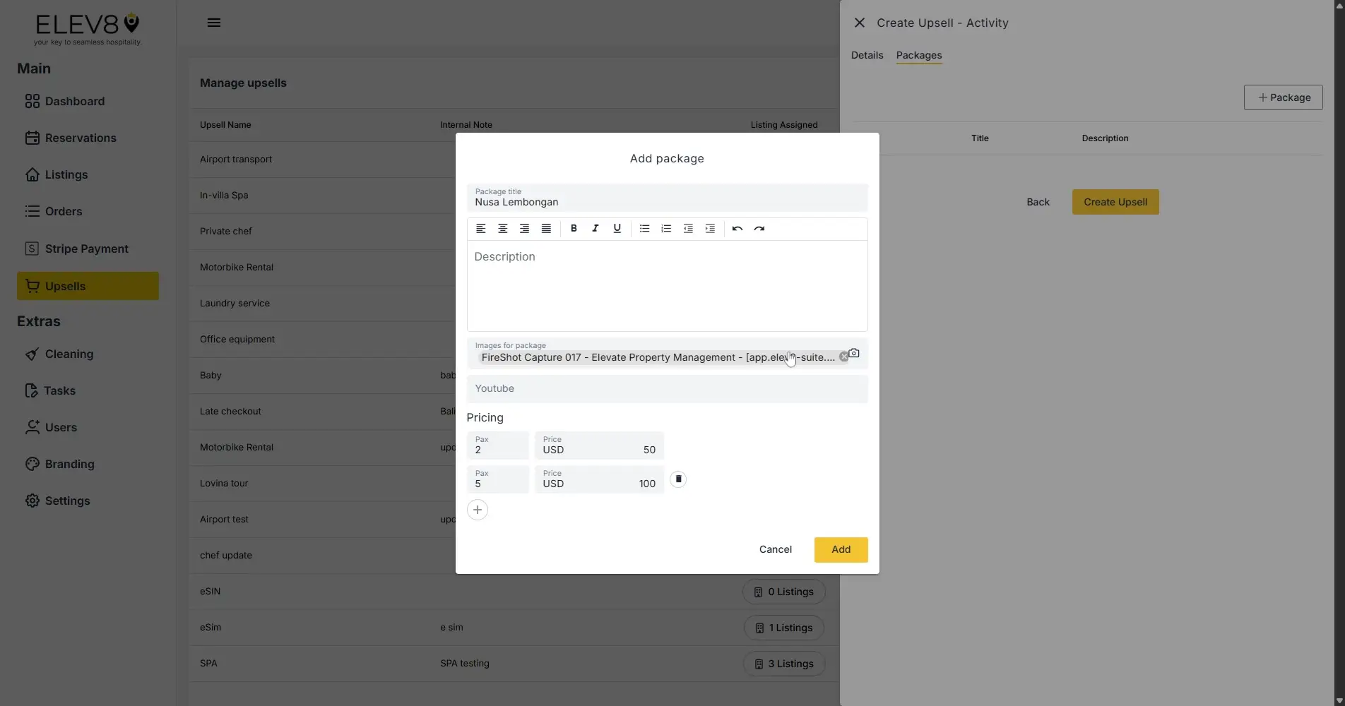 ELEV8 platform, Create Upsell - Activity, Add package dialog