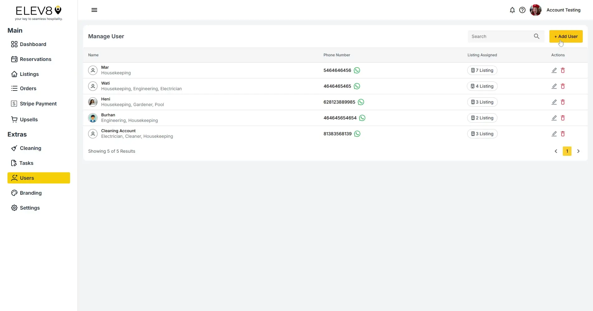 ELEV8 platform Manage User section showing a list of users with options to add, edit, or delete users.