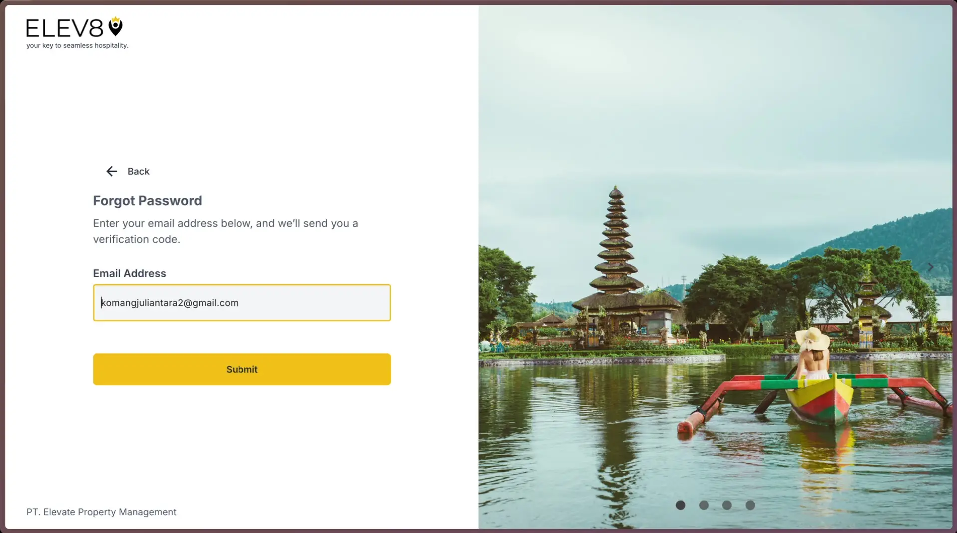 ELEV8 Forgot Password page with email input and submit button.