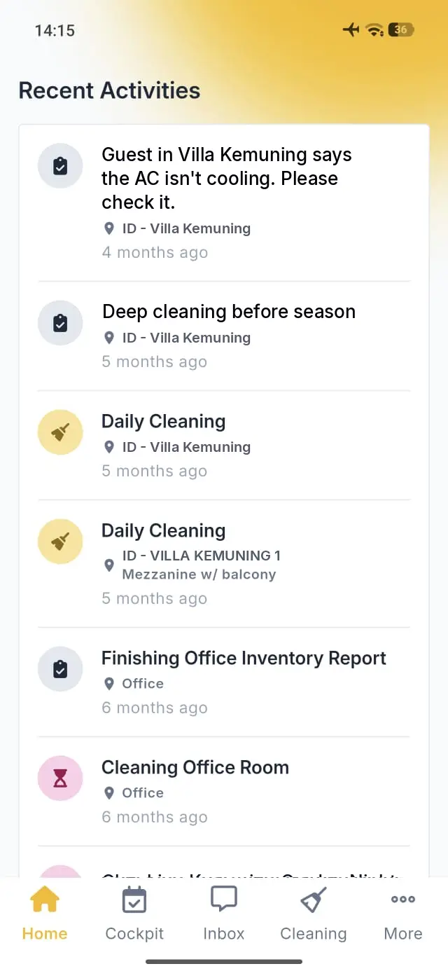 Elev8 Go app Recent Activities screen showing tasks and updates for Villa Kemuning and Office locations.