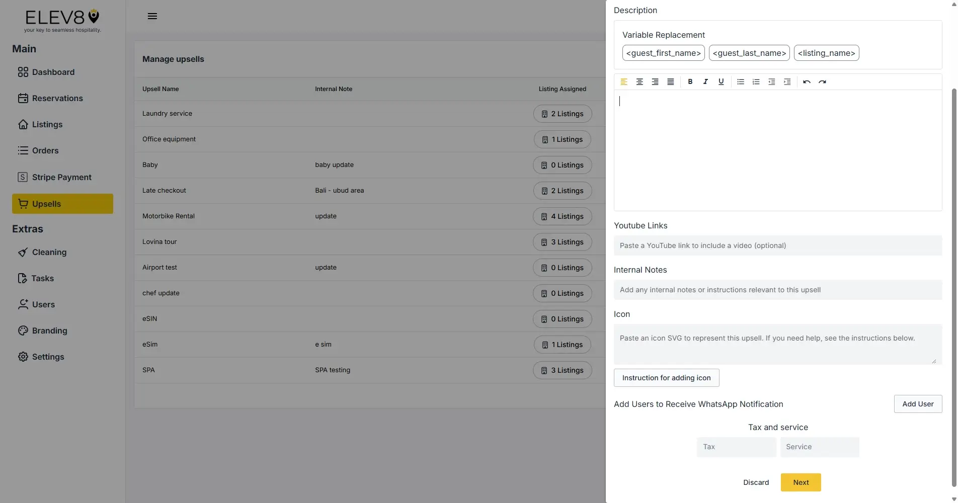ELEV8 platform Manage Upsells screen with upsell list and description editing panel.