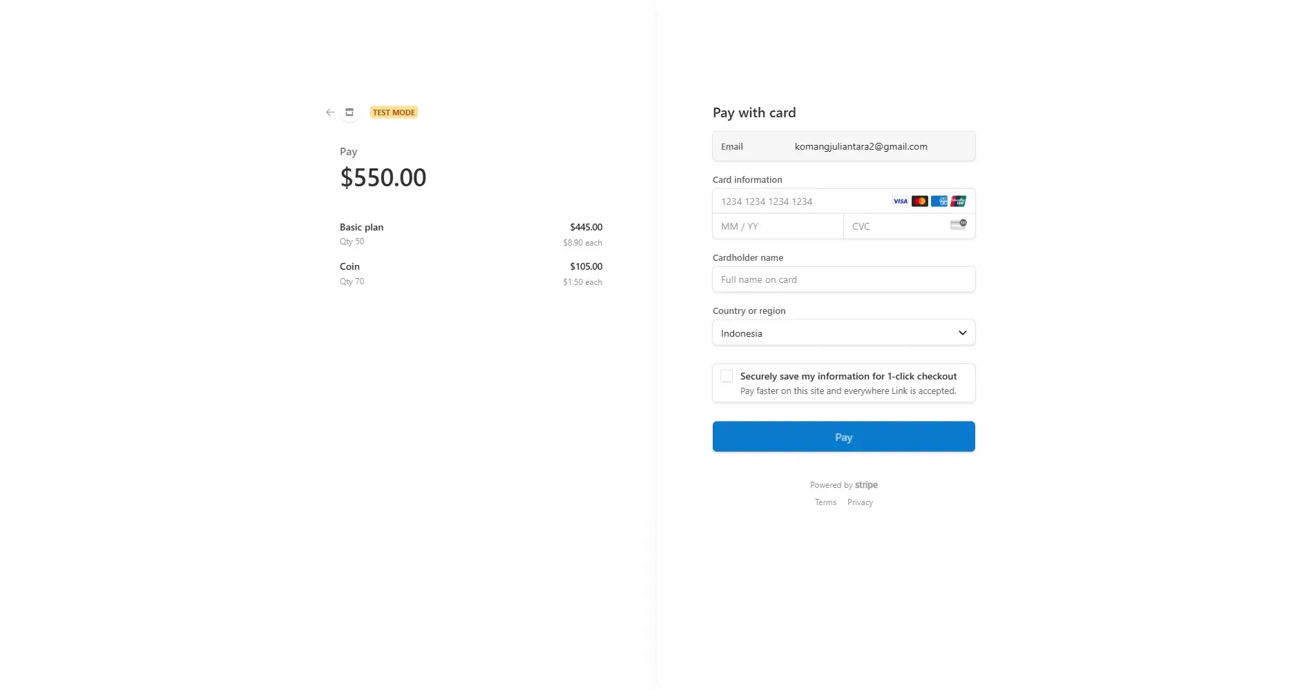 ELEV8 payment interface in test mode with card payment form and purchase details.