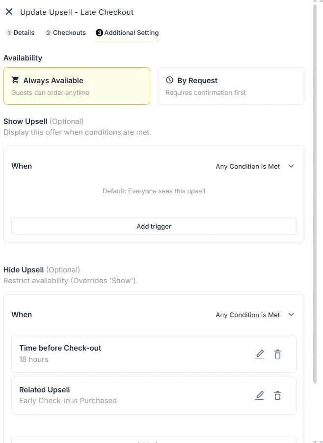 ELEV8 Update Upsell Late Checkout Additional Setting page showing availability and conditions for upsell offers.