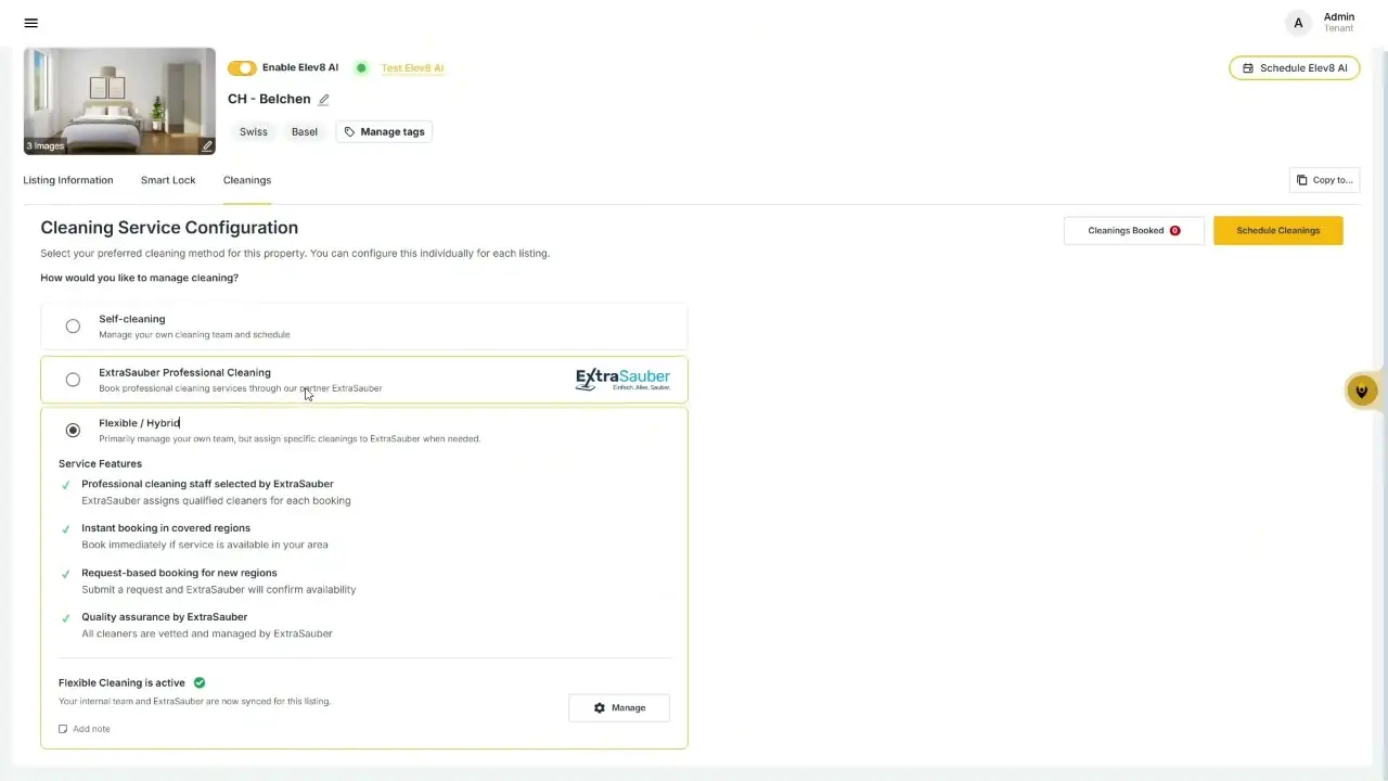 The user is configuring cleaning services for a property. They have selected the 'Flexible / Hybrid' option, which allows them to manage their own cleaning team while also assigning specific cleanings to ExtraSauber when needed. The 'Flexible Cleaning is active' status indicates that their internal team and ExtraSauber are now synced for this listing.