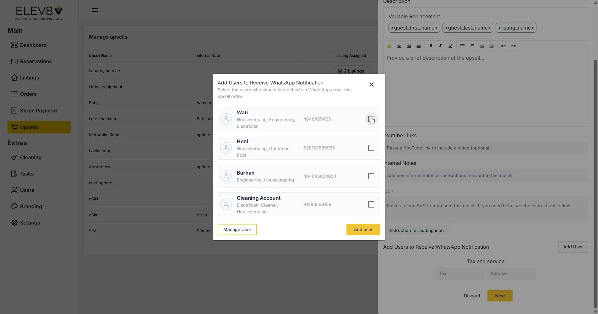 ELEV8 platform upsell management with WhatsApp notification user selection modal.