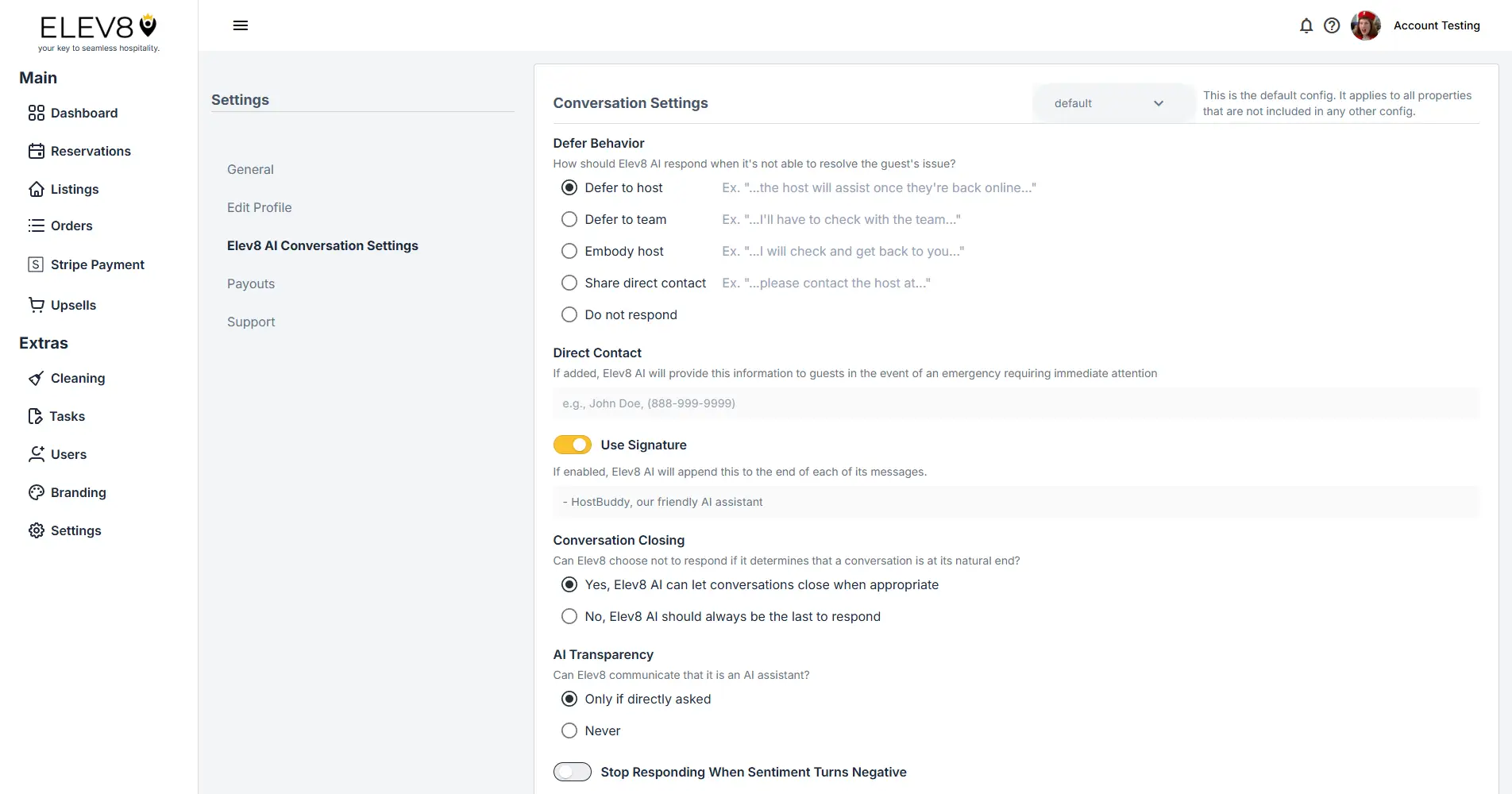 ELEV8 AI Conversation Settings page with options for defer behavior, direct contact, use signature, conversation closing, and AI transparency.