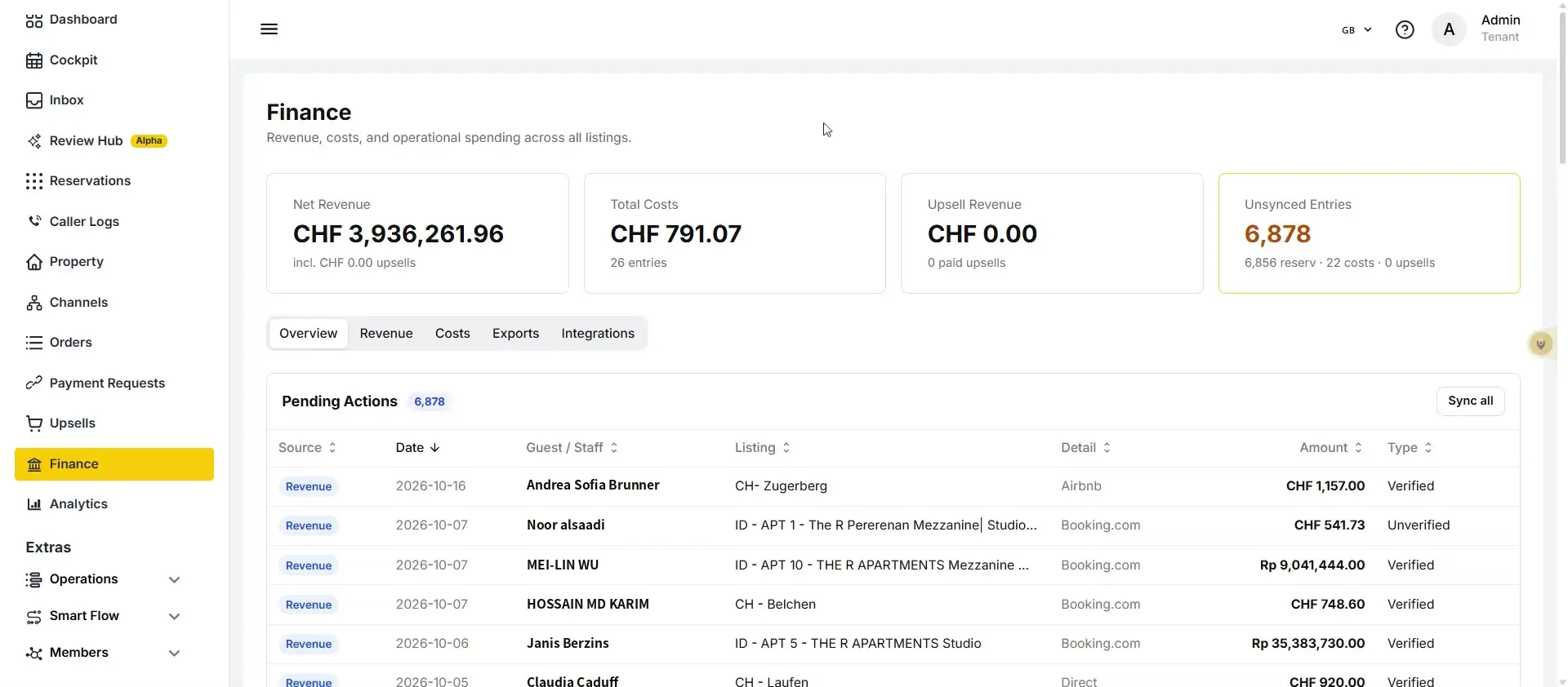 ELEV8 Finance Overview page showing financial summaries and pending actions list.