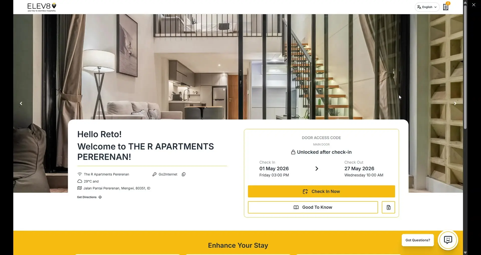 The ELEV8 app welcomes Reto to THE R APARTMENTS PERERENAN, providing check-in details, door access code, and the option to "Check In Now" or view "Good To Know" information.
