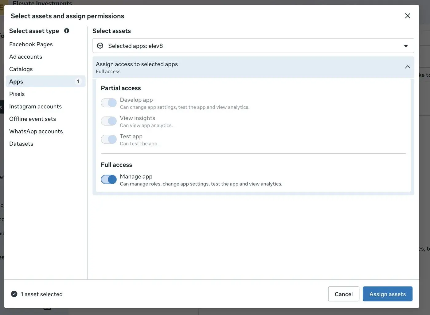 The user is configuring asset permissions for the ELEV8 app. They have selected the ELEV8 app and are choosing to grant 'Manage app' permissions, which allows full access including managing roles and app settings.