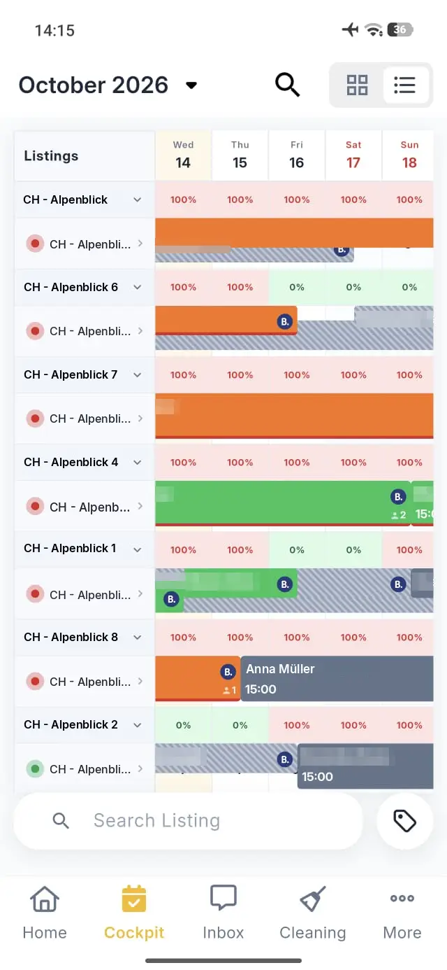 Elev8 Go app Cockpit feature showing October 2026 calendar with property listings and booking details.