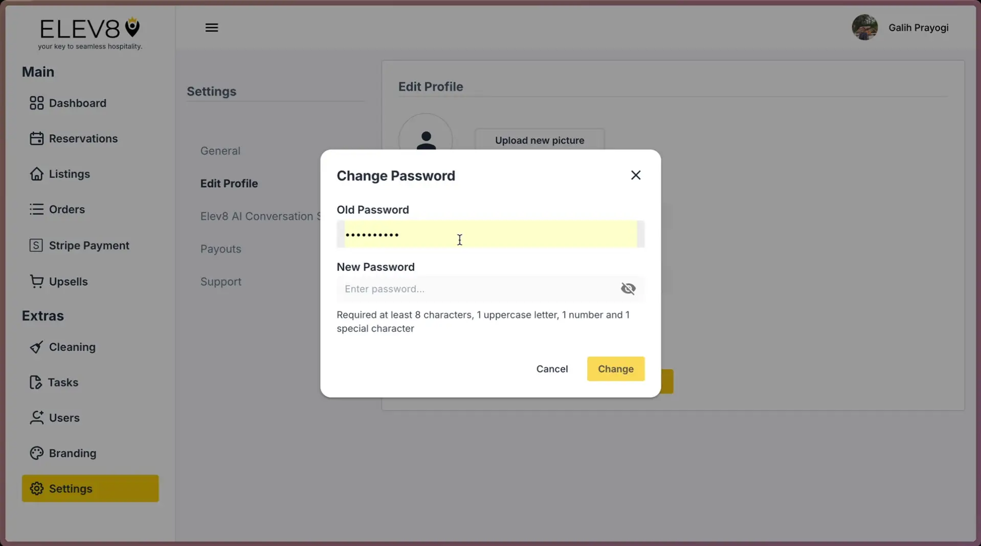 ELEV8 platform settings change password dialog