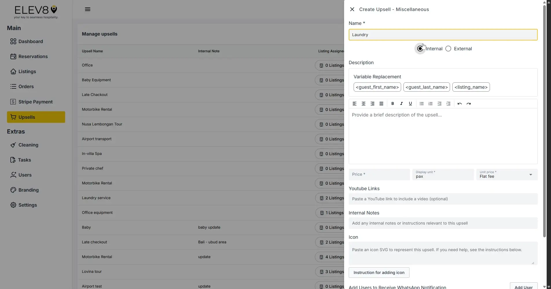 ELEV8 platform create upsell interface with navigation menu and upsell creation form.