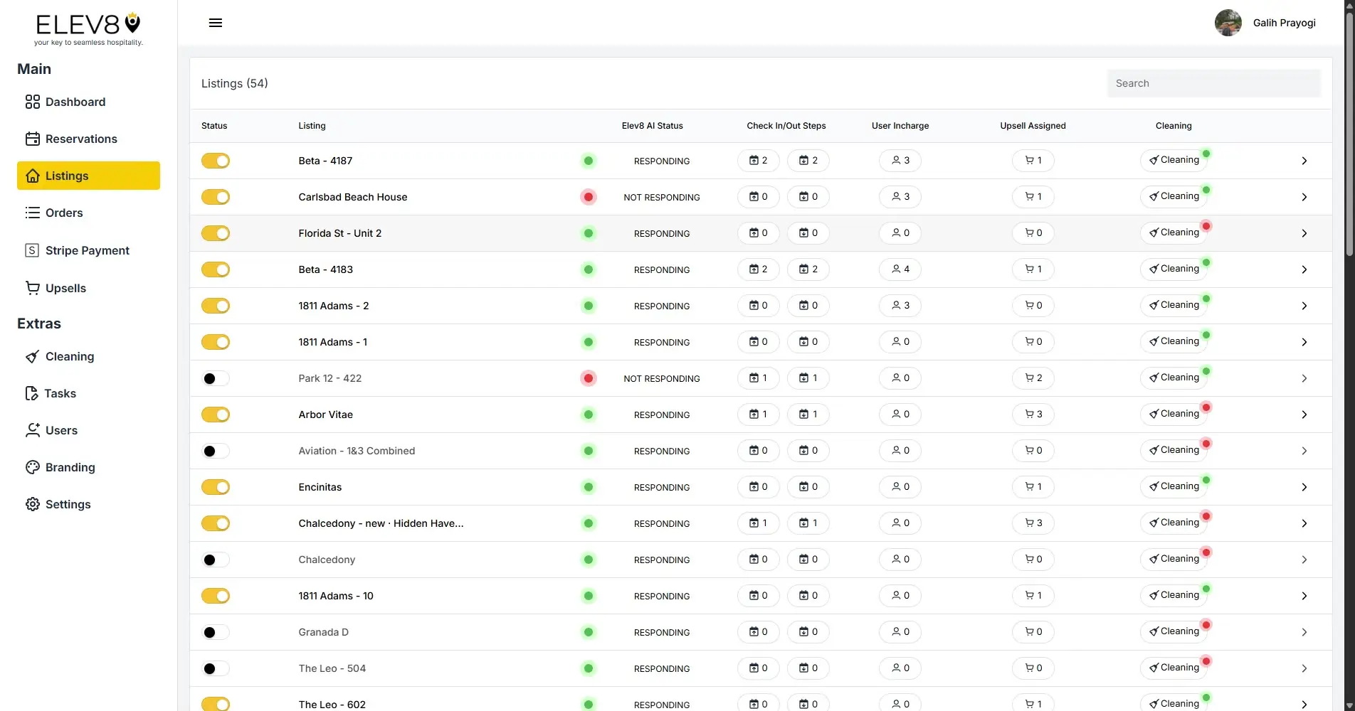 ELEV8 platform Listings page showing property listings with status indicators and navigation menu.
