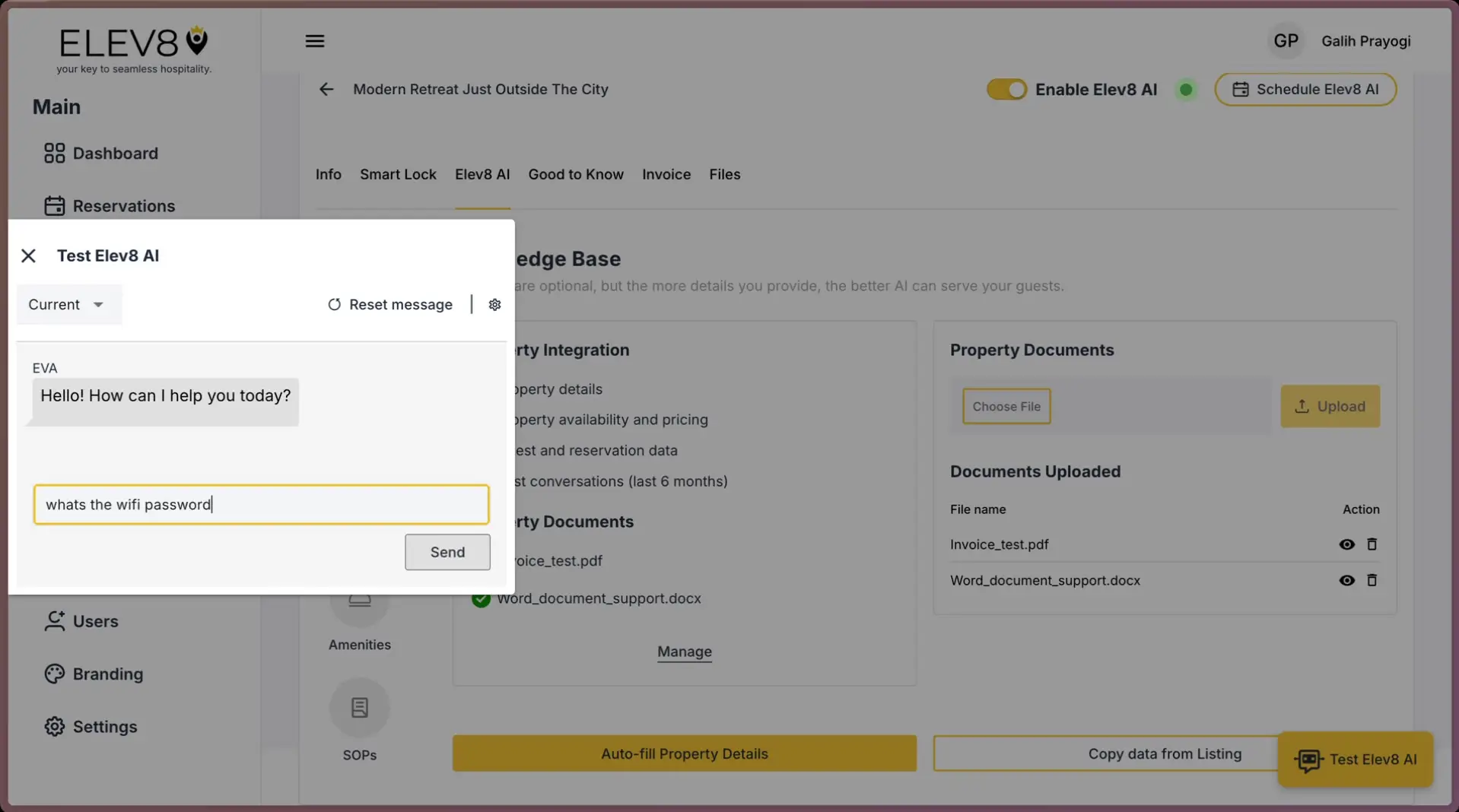 ELEV8 platform interface with ELEV8 AI chat window open, showing a conversation with AI named EVA.