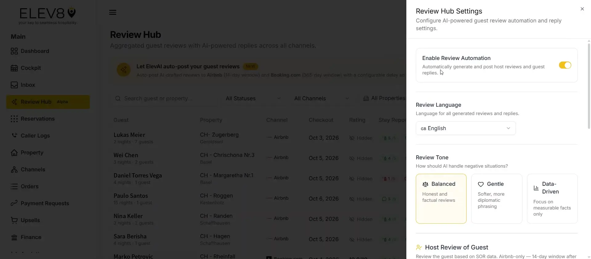 ELEV8 Review Hub page with settings for AI-powered guest review automation and reply configuration.