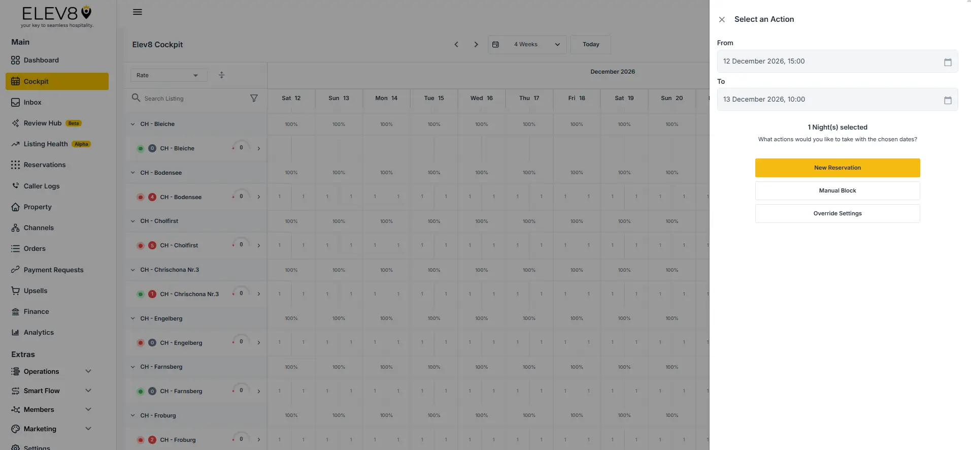 ELEV8 Cockpit screen showing calendar and action selection panel for managing hospitality settings.