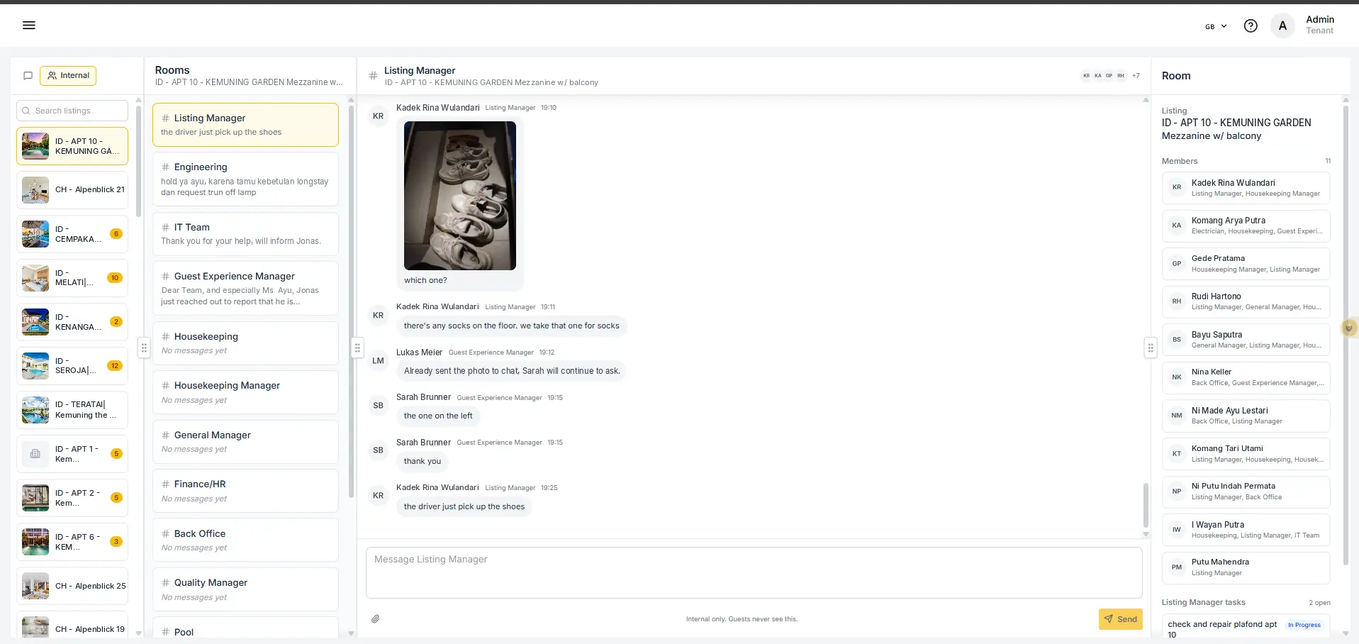 ELEV8 Internal team chat interface showing Listing Manager room with chat history and member list.