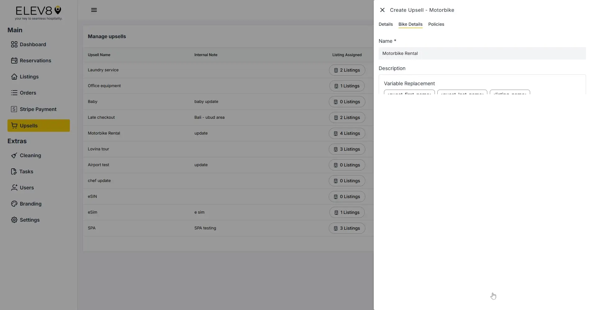 ELEV8 platform upsell management and creation interface.