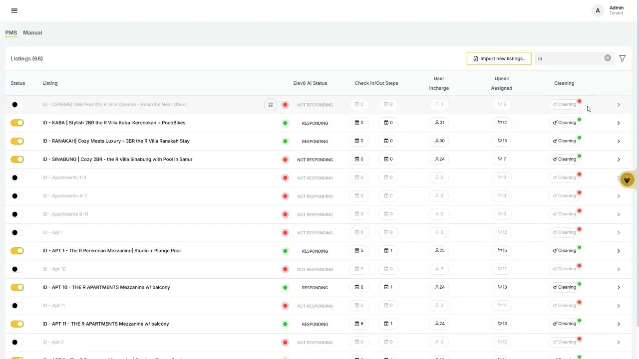 The user is viewing a list of properties with their cleaning status. Some properties are marked as 'Cleaning' with a green indicator, meaning they are clean, while others are marked with a red indicator, meaning they are not responding or require attention.