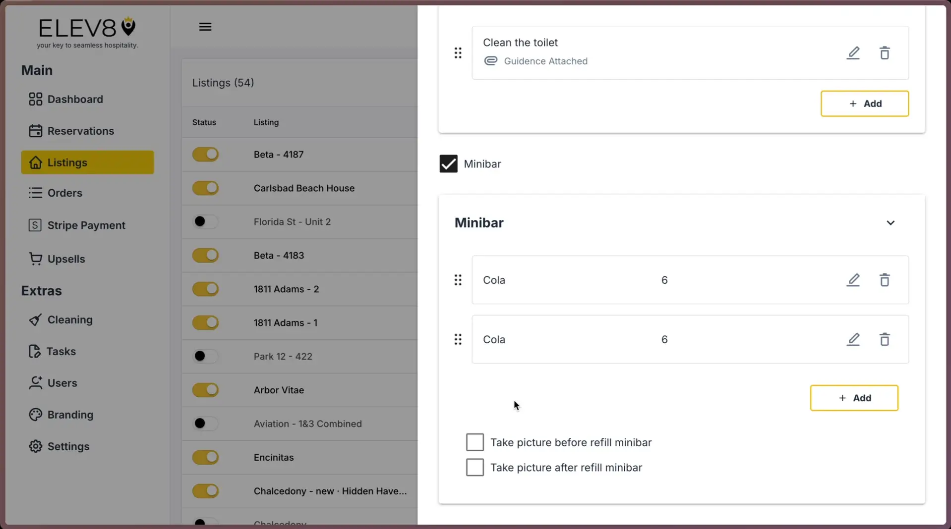 ELEV8 dashboard showing listings and minibar management options.