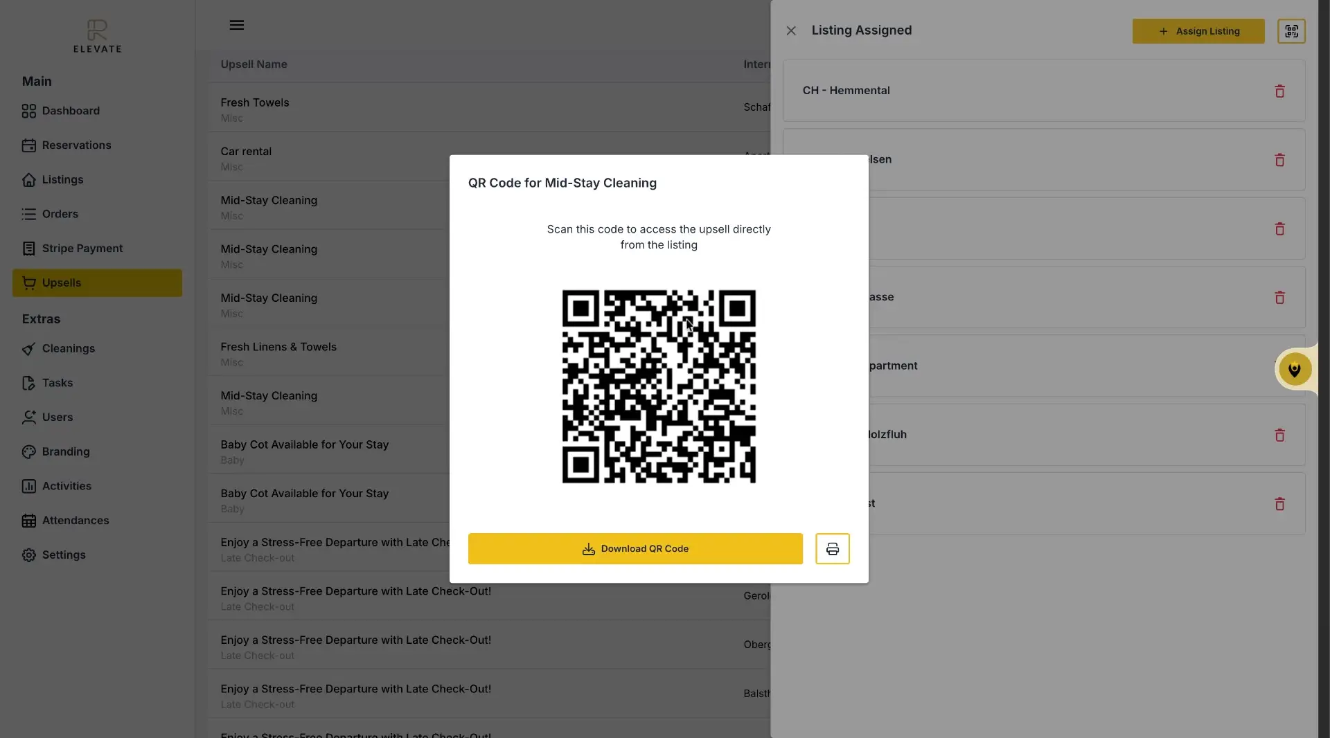 The screenshot displays a QR code for Mid-Stay Cleaning, allowing users to access the upsell directly from the listing by scanning the code.