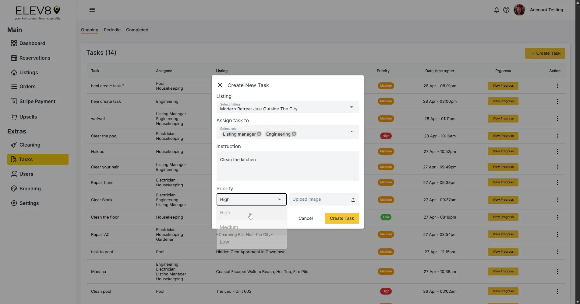ELEV8 platform Tasks section with Create New Task modal open.