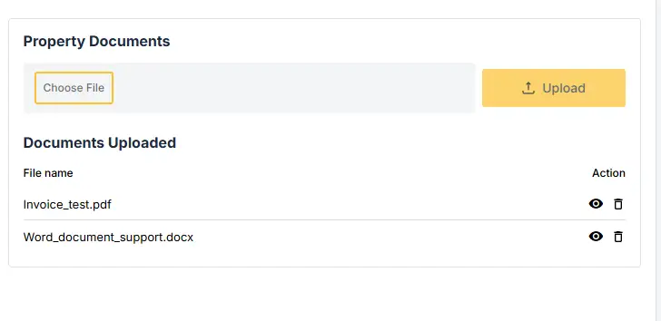 ELEV8 AI Property Documents upload interface with file selection and upload options.