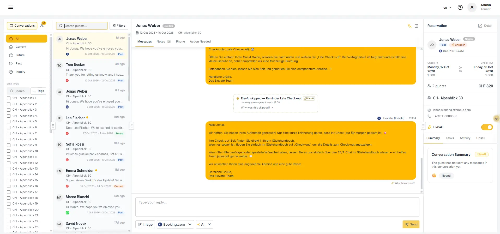 ELEV8 Inbox layout showing guest conversation with Jonas Weber and reservation details.