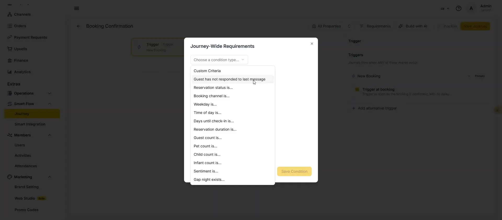 The user is configuring journey-wide requirements for a booking confirmation. They are presented with a dropdown to choose a condition type and have selected 'Guest has not responded to last message' from the list of custom criteria.