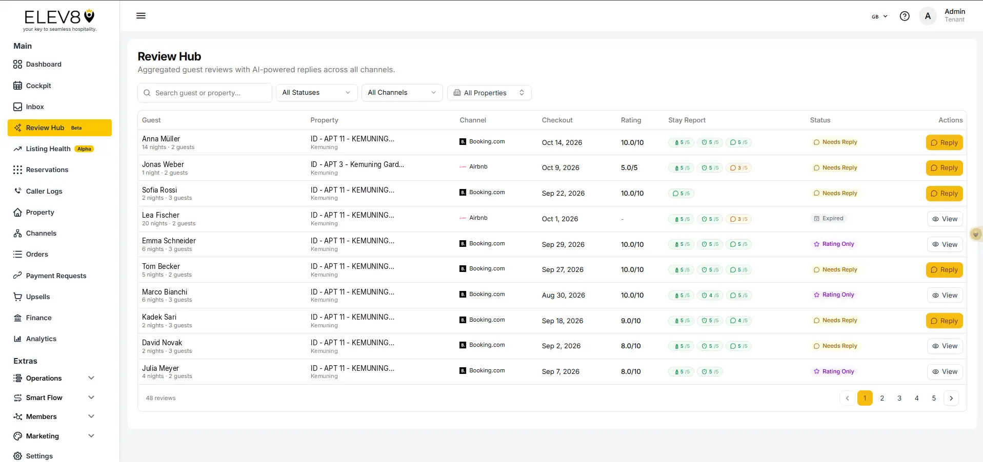 ELEV8 Review Hub showing aggregated guest reviews with filters and action buttons.
