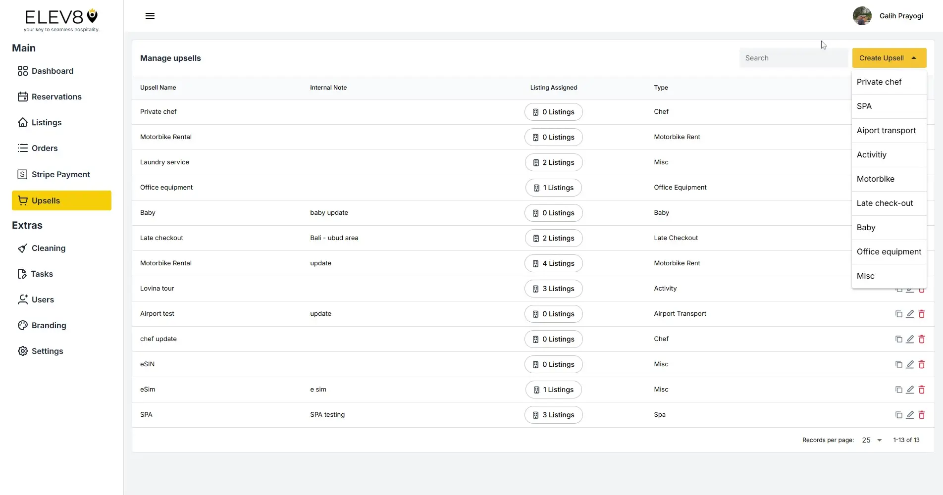ELEV8 platform Manage upsells page showing a list of upsells with options to create new ones.