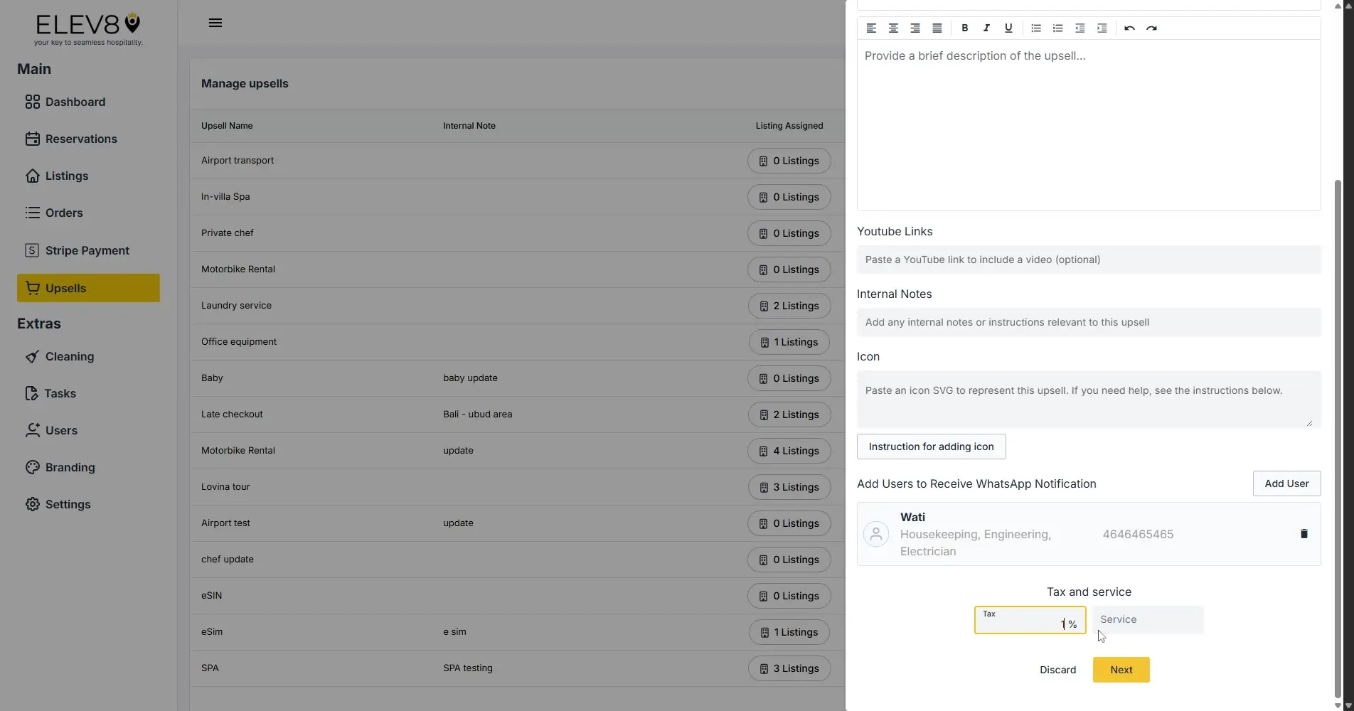 ELEV8 platform Manage Upsells screen with navigation menu and upsell management form.