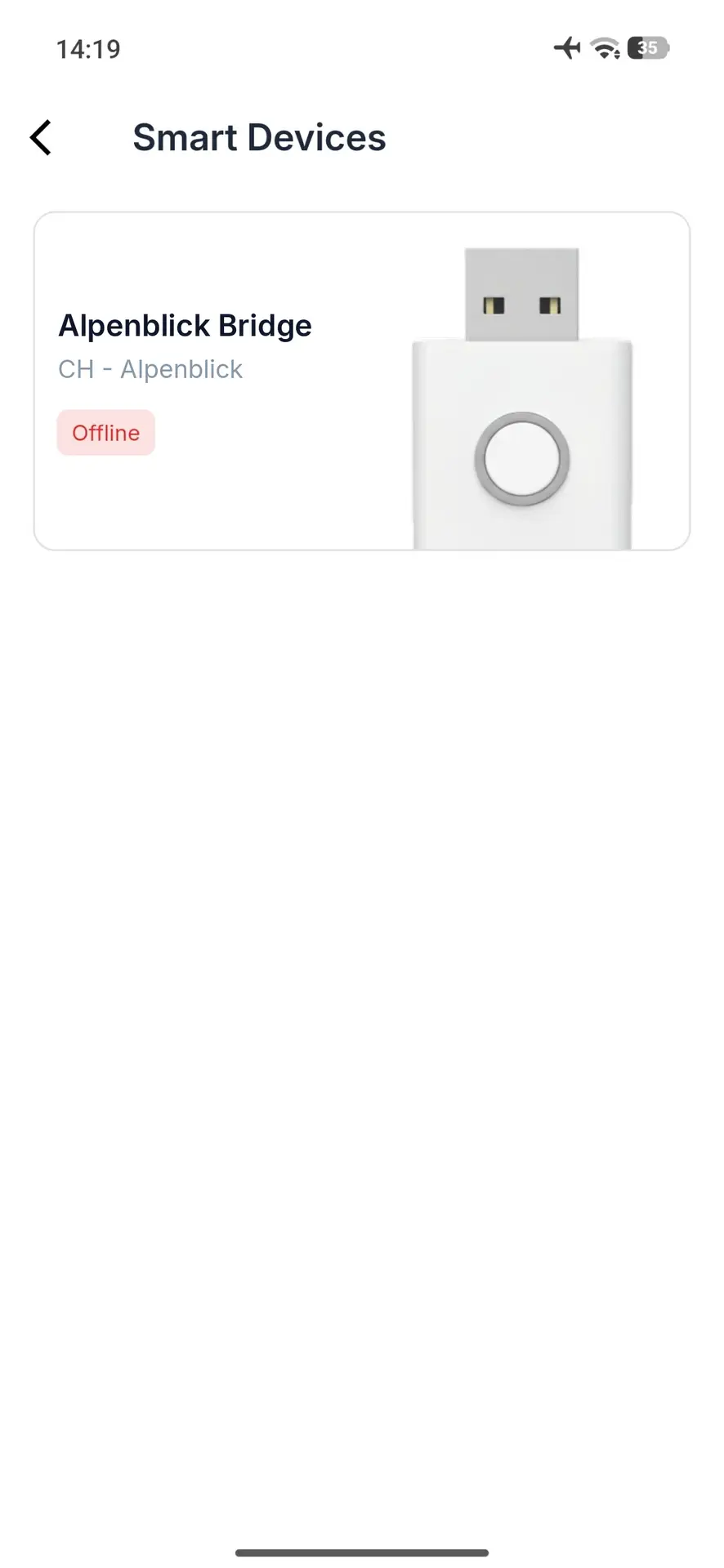 Elev8 Go mobile app Smart Devices screen showing Alpenblick Bridge device offline.