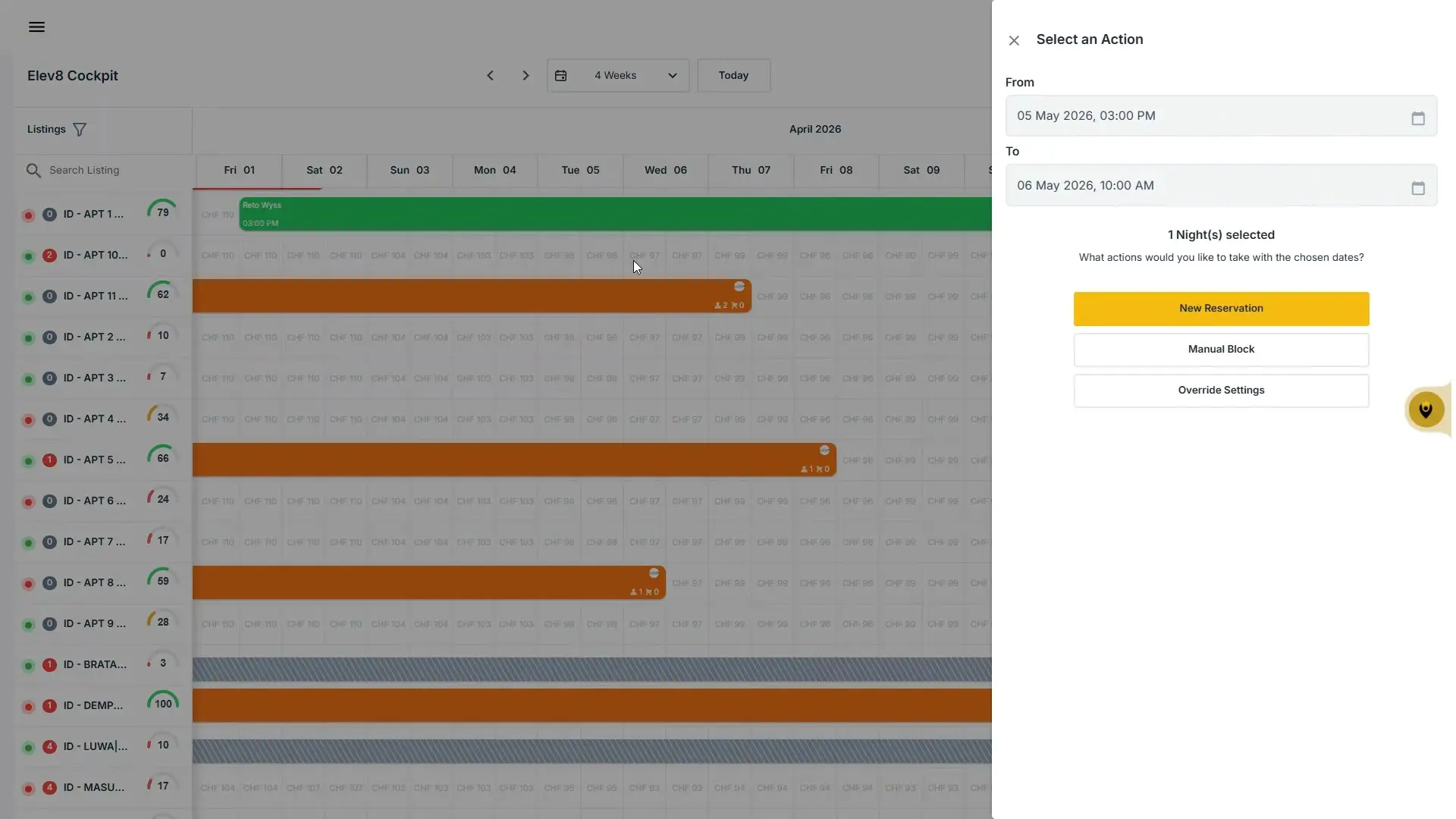 The user has selected a date range for a single night and is presented with options to create a new reservation, manually block the dates, or override settings.