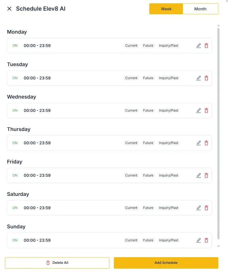 Schedule Elev8 AI weekly view with daily settings and options to edit or delete schedules.