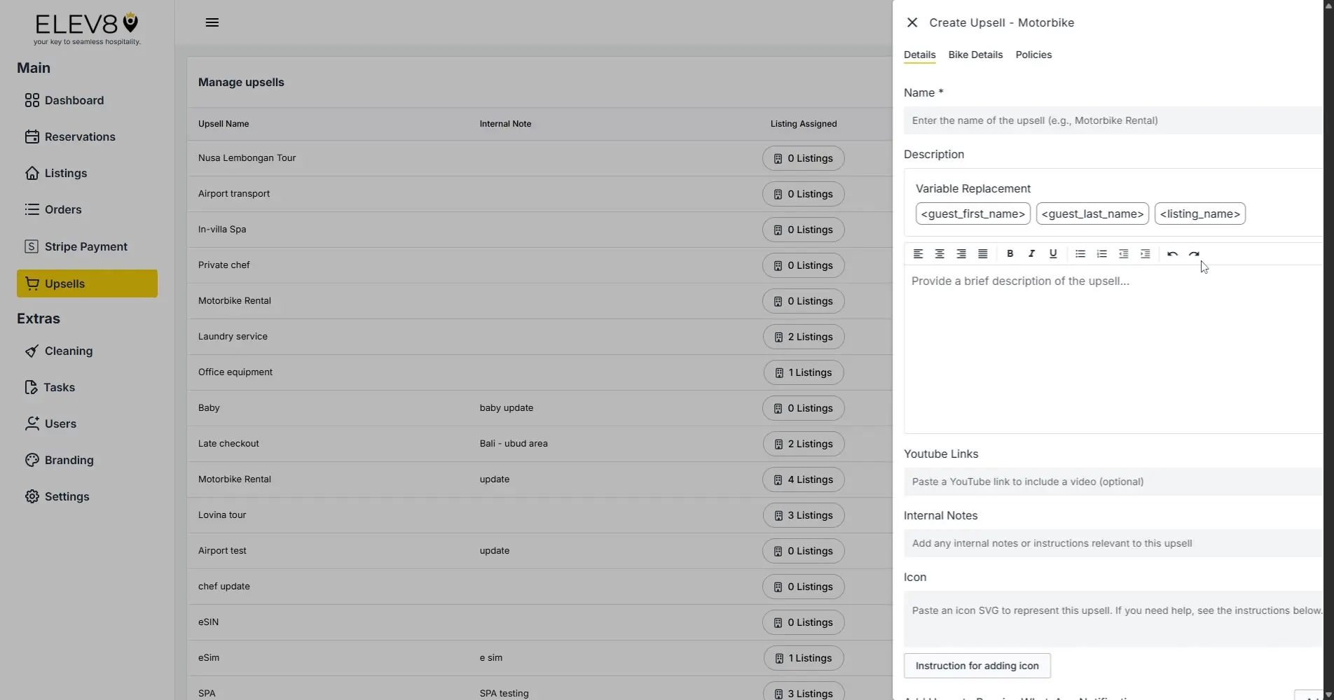 ELEV8 platform upsell management interface with create upsell panel open.