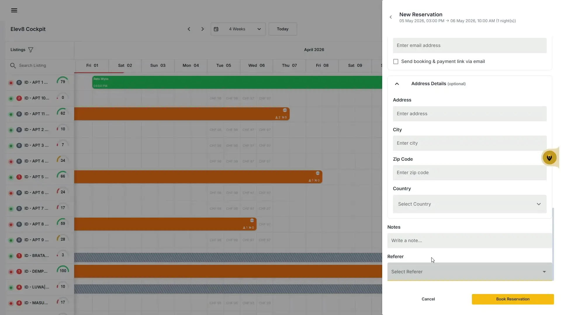 The user is creating a new reservation in the Elev8 Cockpit. They are filling out the reservation details, including email address, address information, and notes. The calendar view shows existing bookings for different listings.