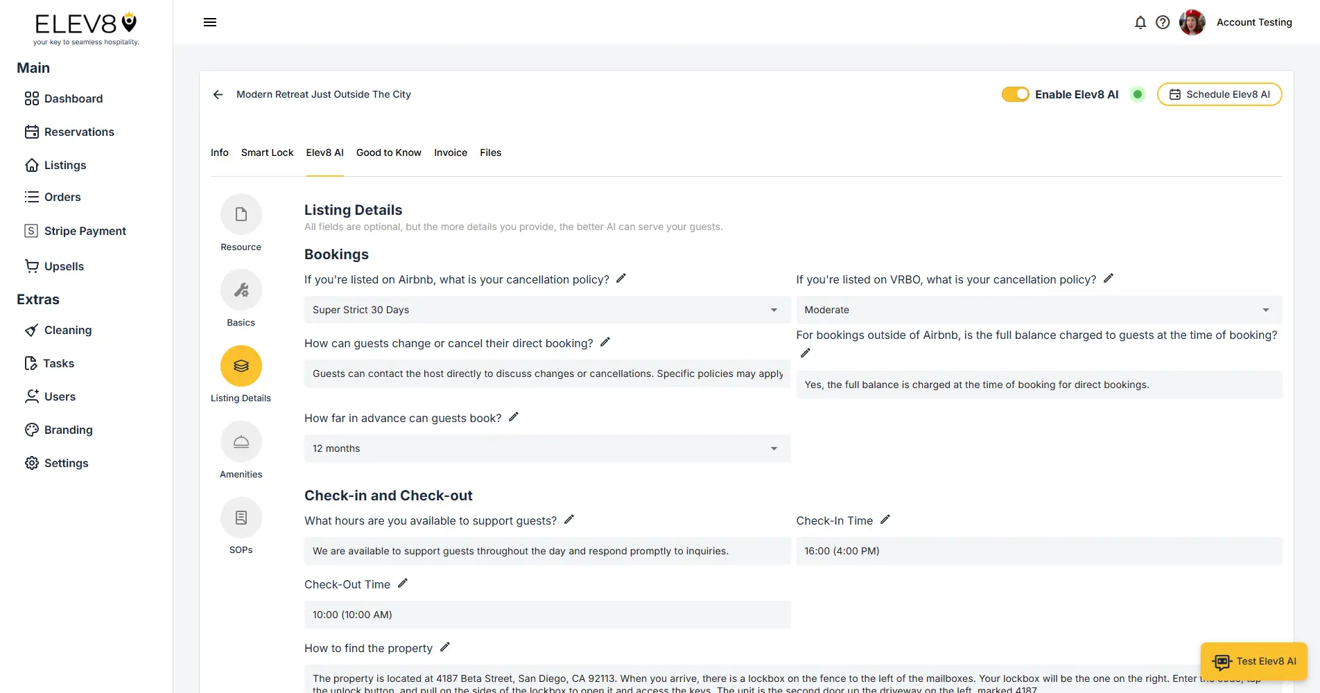 ELEV8 AI Listing Details screen for Modern Retreat Just Outside The City.