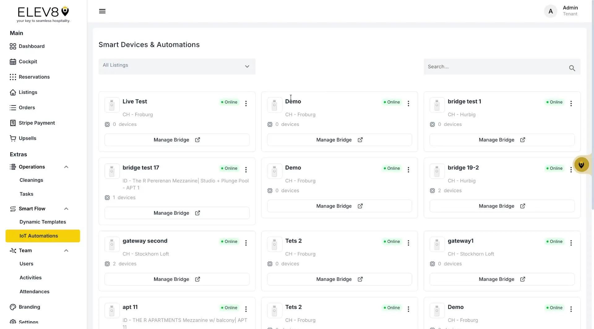 The screenshot displays the 'Smart Devices & Automations' section of the ELEV8 product, showcasing a list of devices with their status and management options.