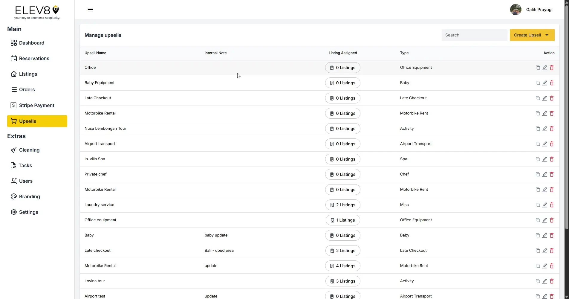 ELEV8 platform Manage Upsells page showing a list of upsell items with options to edit or delete.