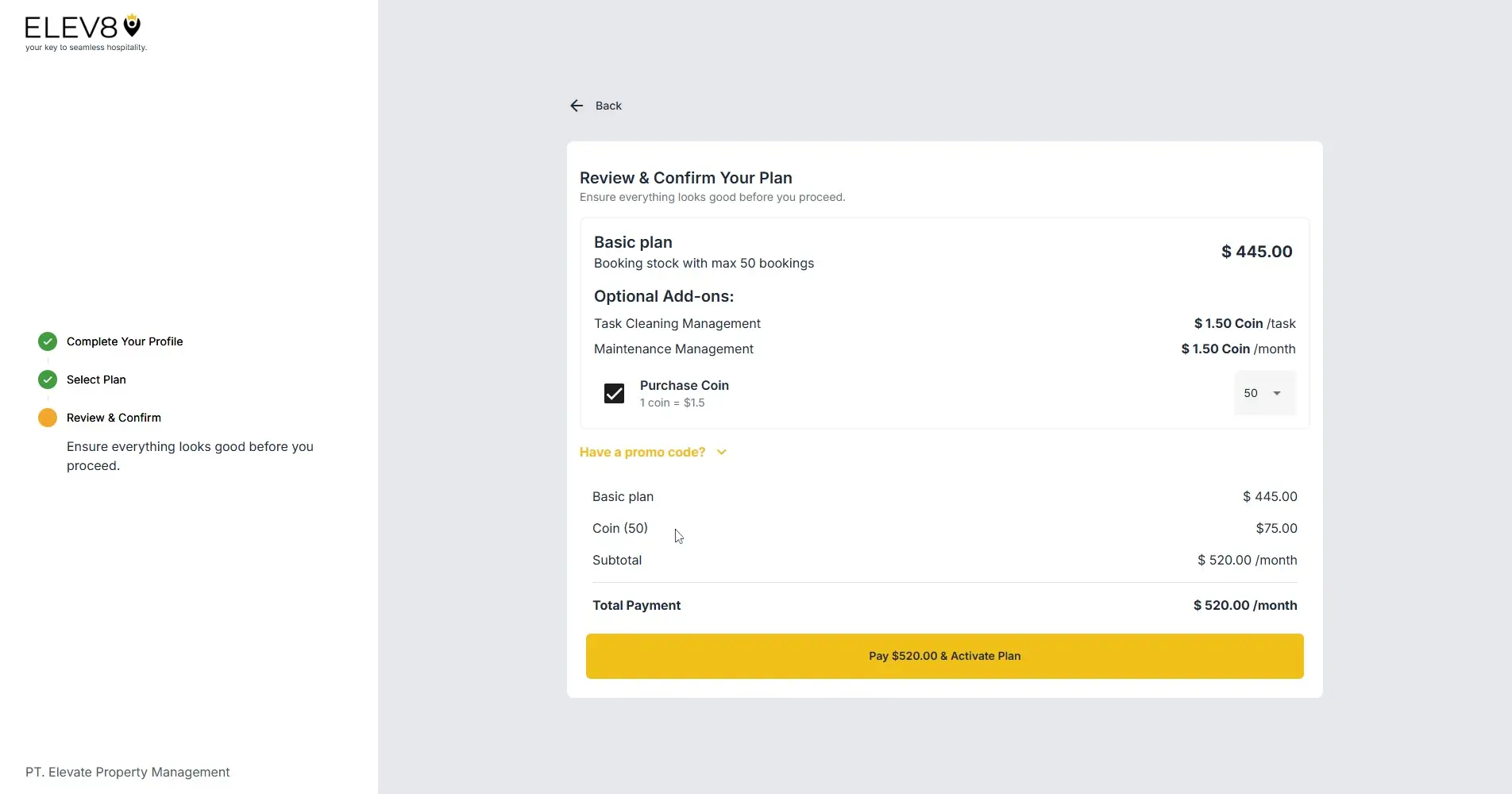 ELEV8 Review & Confirm Your Plan page with payment details and activation button.